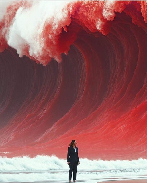 President Kamala Harris ,wearing a red MAGA cap, while standing in the red ocean wave