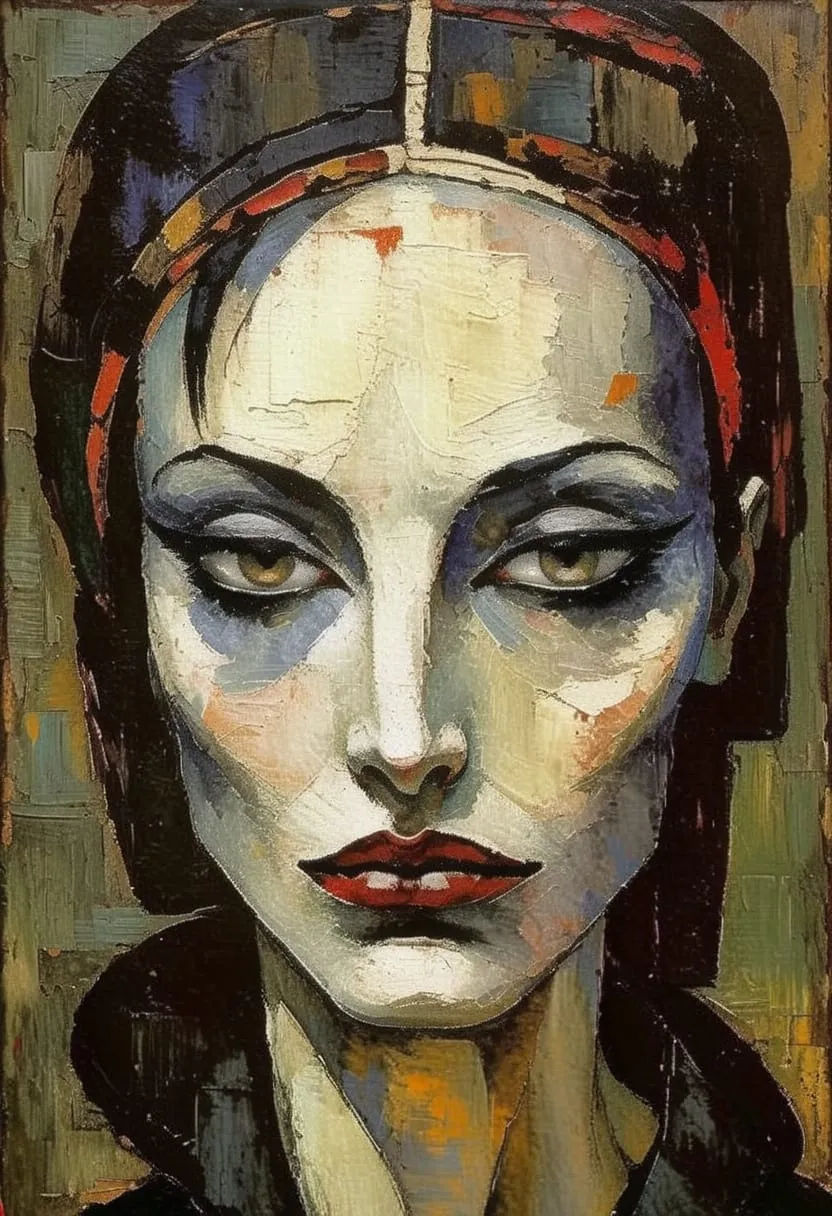 Moody and expressive portrait of a brooding female figure in the intense, Expressionist style of Egon Schiele