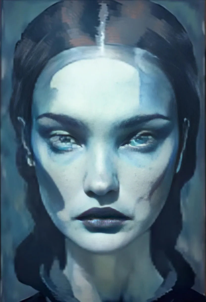 Moody and expressive portrait of a brooding female figure in the intense, Expressionist style of Egon Schiele