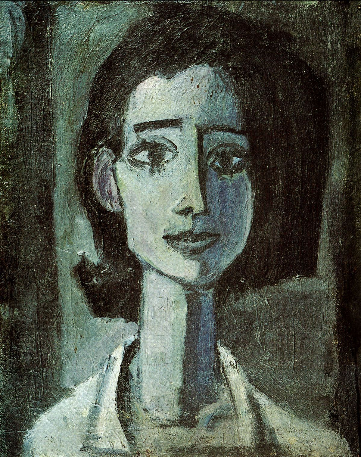 Moody and expressive portrait of a brooding female figure in the intense, Expressionist style of Egon Schiele