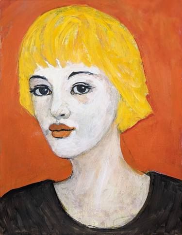 portrait of a young beautiful woman impasto painting, big far distanced eyes