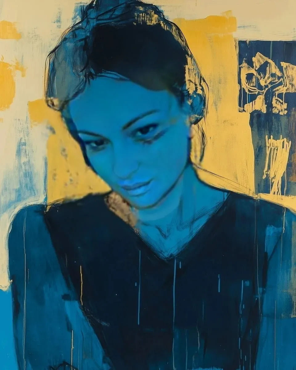 Moody and expressive portrait of a brooding female figure in the intense, Expressionist style of Egon Schiele