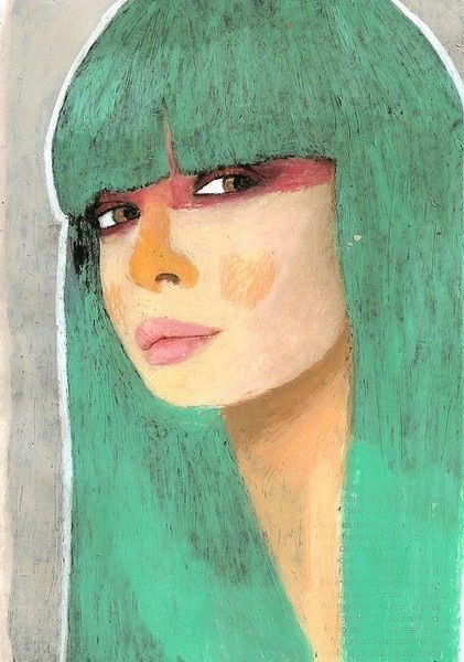 Moody and expressive portrait of a brooding female figure in the intense, Expressionist style of Egon Schiele