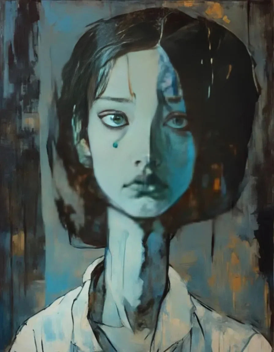 Moody and expressive portrait of a brooding female figure in the intense, Expressionist style of Egon Schiele