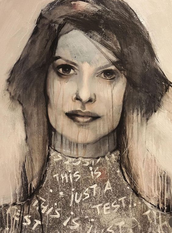 portrait of a young beautiful woman impasto painting, big far distanced eyes