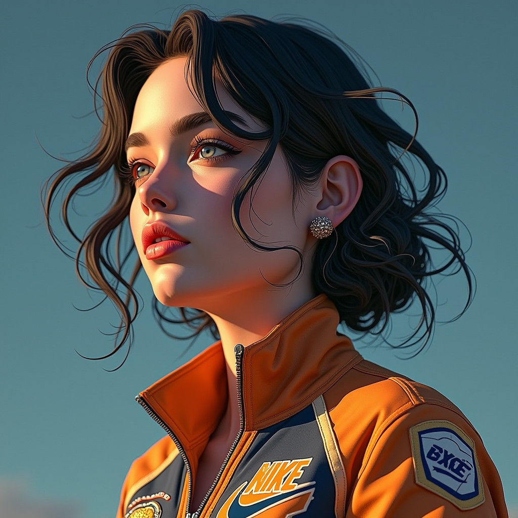 leave image,save image style, change hair color to blonde, vintage clothing brand, brand name nekiy shmot, vintage Nike bomber jacket elemen...