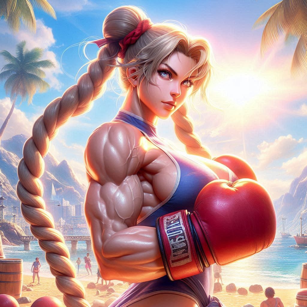 close-up panoramicrophotograph: Street Fighter II Turbo by CAPCOM: Stunning color sketch full-body illustration of Cammy; street boxing stan...