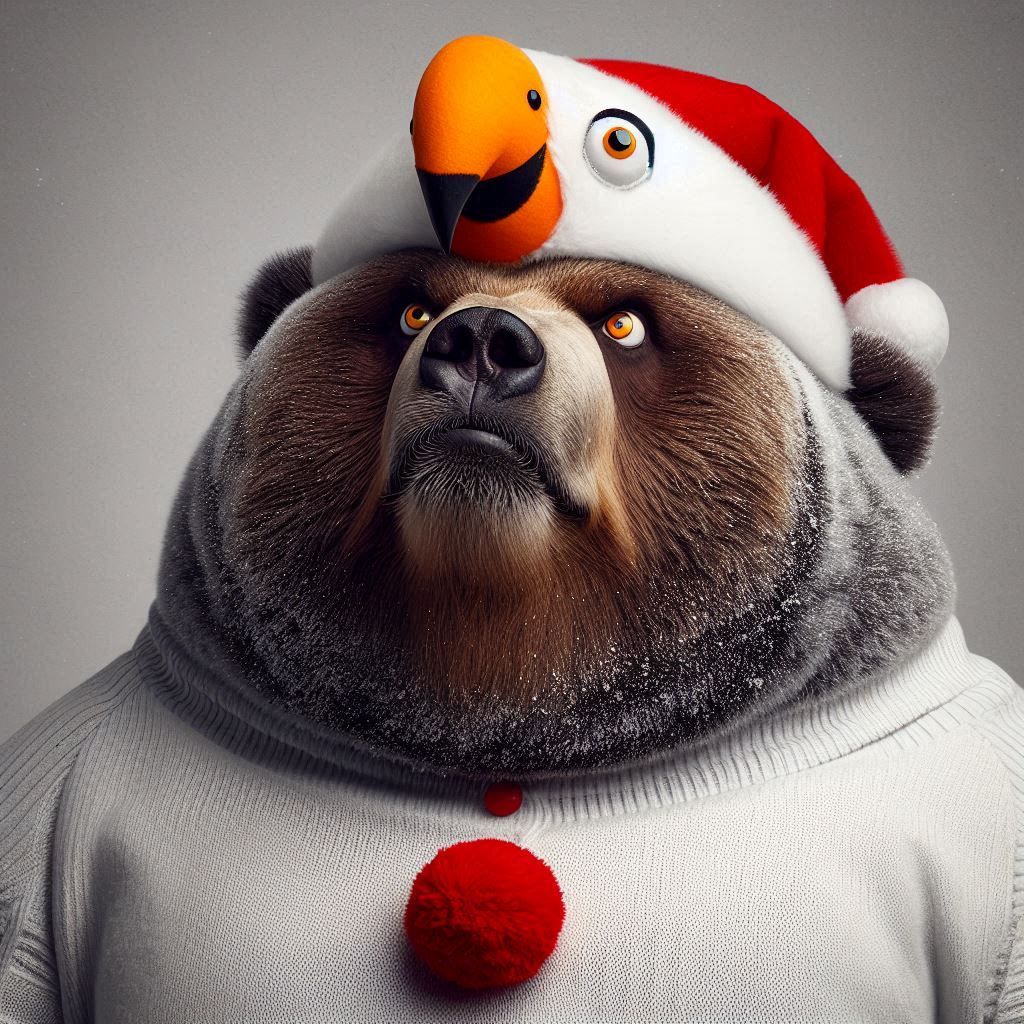 An obese Kodiak Bear; wearing a Snowman costume; raising its head slightly; half-closed parrot eyes with strong contempt; Exaggeration and c...