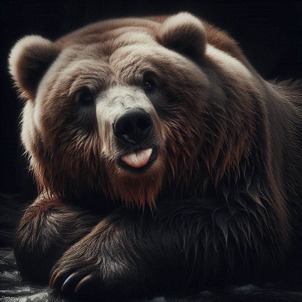Photograph: "Provoking Obese Kodiak Bear; looking playful"; in darkness;
