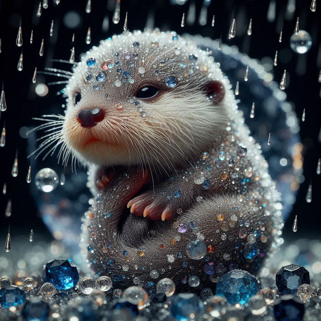 Microphotograph Portrait: tiny newborn obese baby Otter composed of Sparkling Sapphires and Diamonds; in raining midnight sapphire Moonlight...