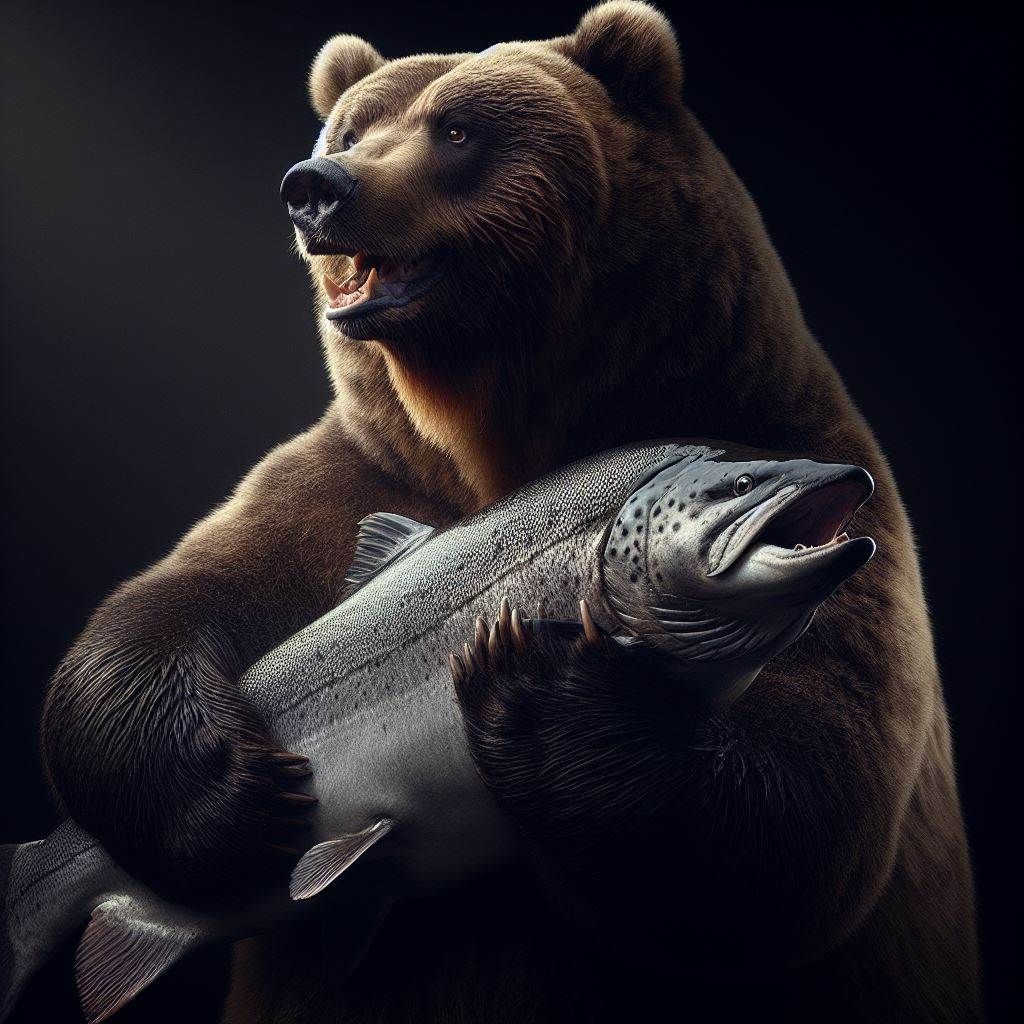 Close-Up God-lit Photograph: Sarcastic magnificent Velvet Obese Kodiak Bear holding up a huge Atlantic Salmon; in darkness;
