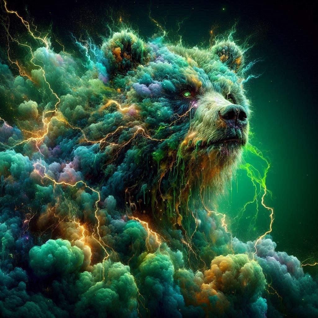 Close-up Elemental Vaporization Art: obese Grizzly Bear; disintegrating into green fluid; casting green-static lightning; intense electric s...