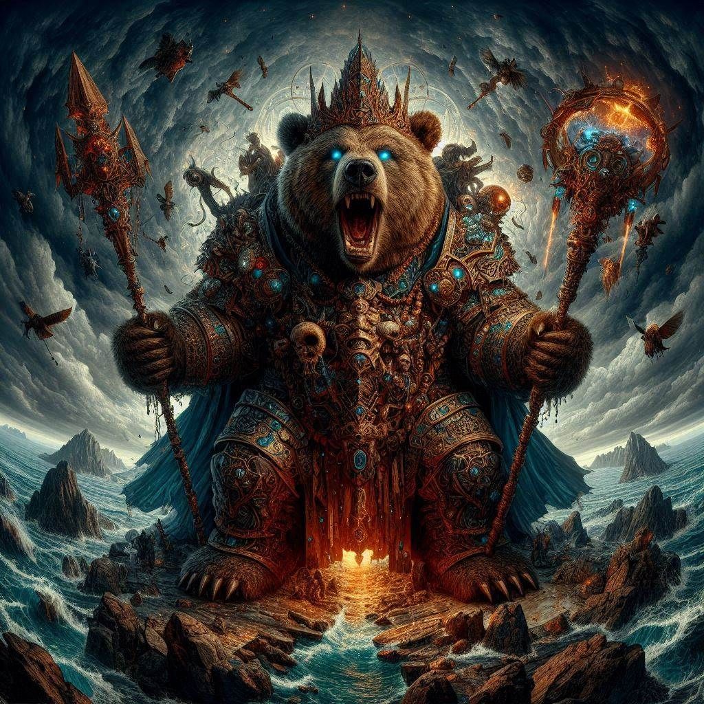 Panoramicrophotograph: "Mythic Legions- obese Kodiak Bear-Mage; in elemental charged darkness;"
