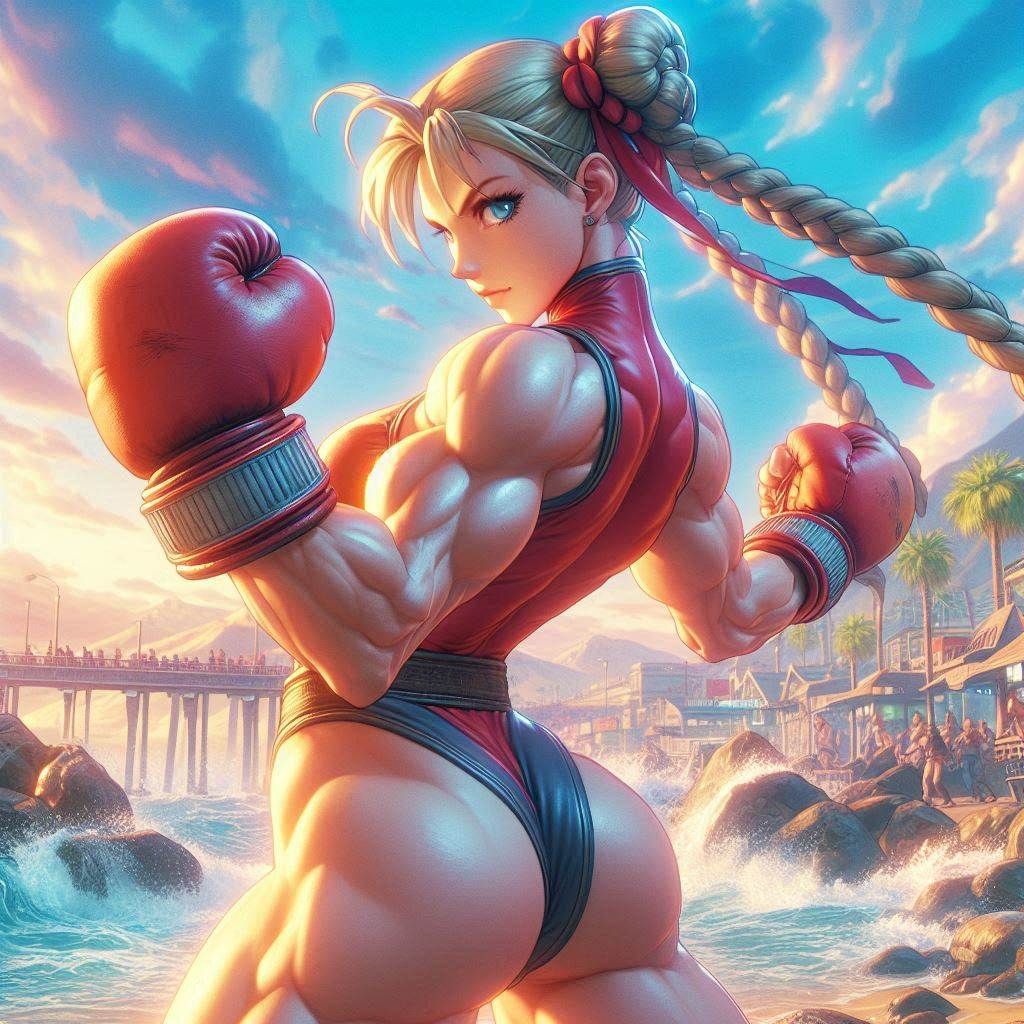 close-up panoramicrophotograph: Street Fighter II Turbo by CAPCOM: Stunning color sketch full-body illustration of Cammy; street boxing stan...