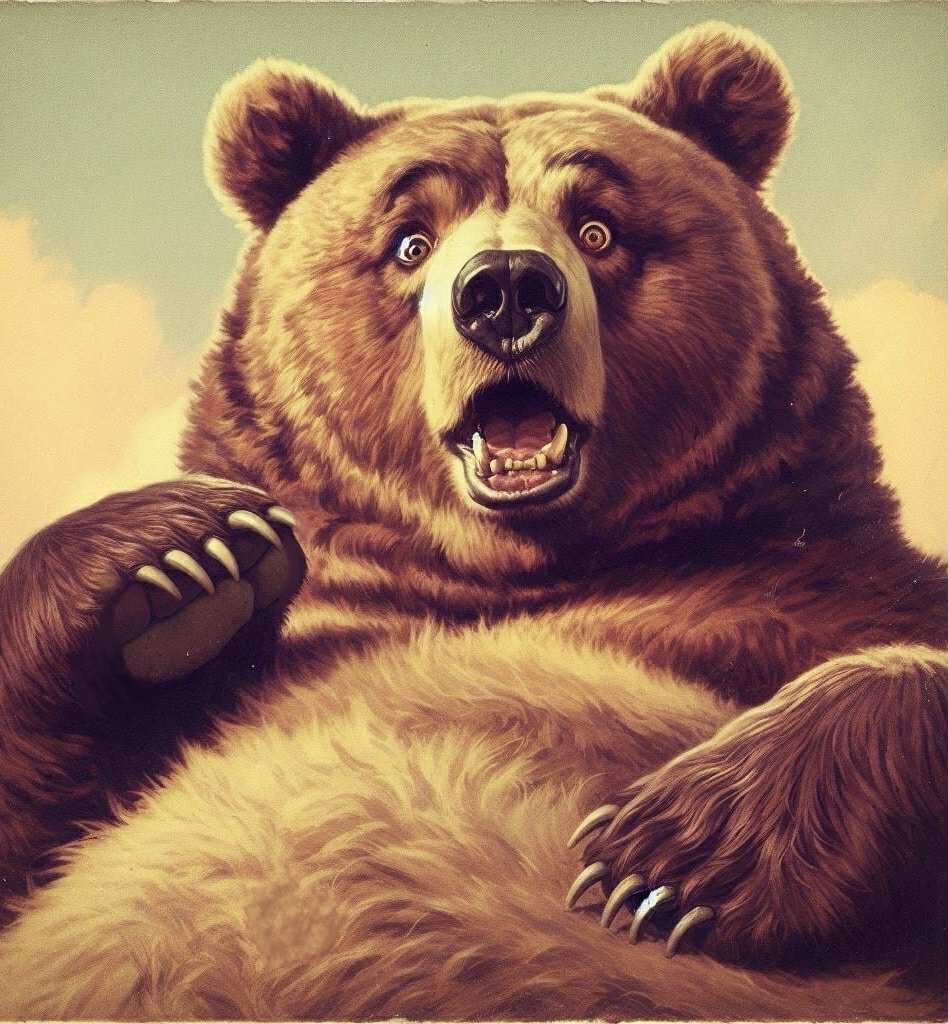 vintage Norman Rockwell style portrait: obese Kodiak Bear; looking at the viewer with surprised sarcasm;
