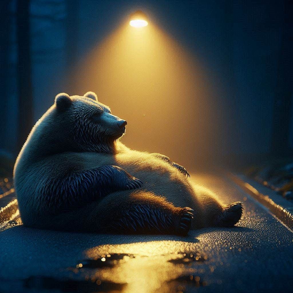Close-up microphotograph: Obese Kodiak Bear Male; relaxing in a lonely street light glowing a faint yellow light, illuminating a small area...