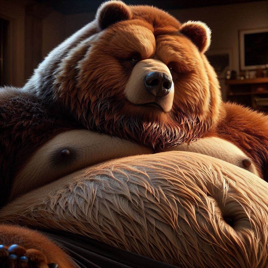 Obese Kodiak Bear relaxing;  clean and sharp; refreshing; Brown/Tan furs, dark beard, piercing black Eyes, large muscles, Detailed messy bod...