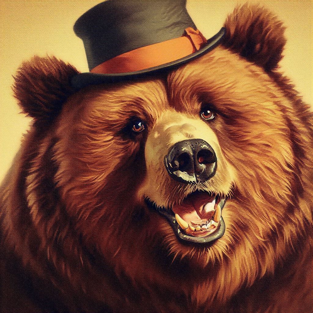 vintage Norman Rockwell style portrait: obese Kodiak Bear; looking at the viewer with suggesting excitement;

