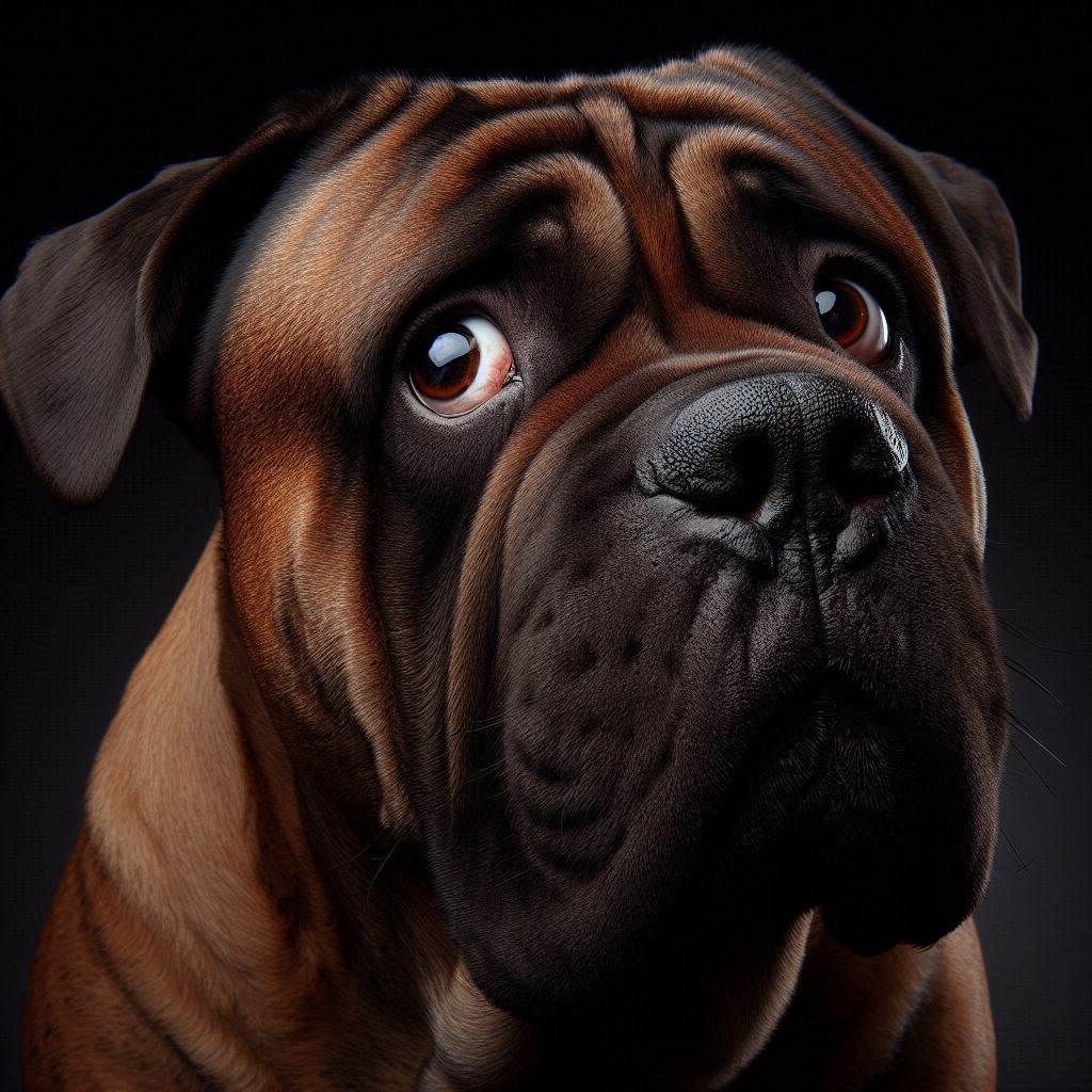 Close-up Photograph: obese Bull Mastiff; concerned standing sarcastic; mockingly surprised expression; accusing eyes shimmer in darkness; he...