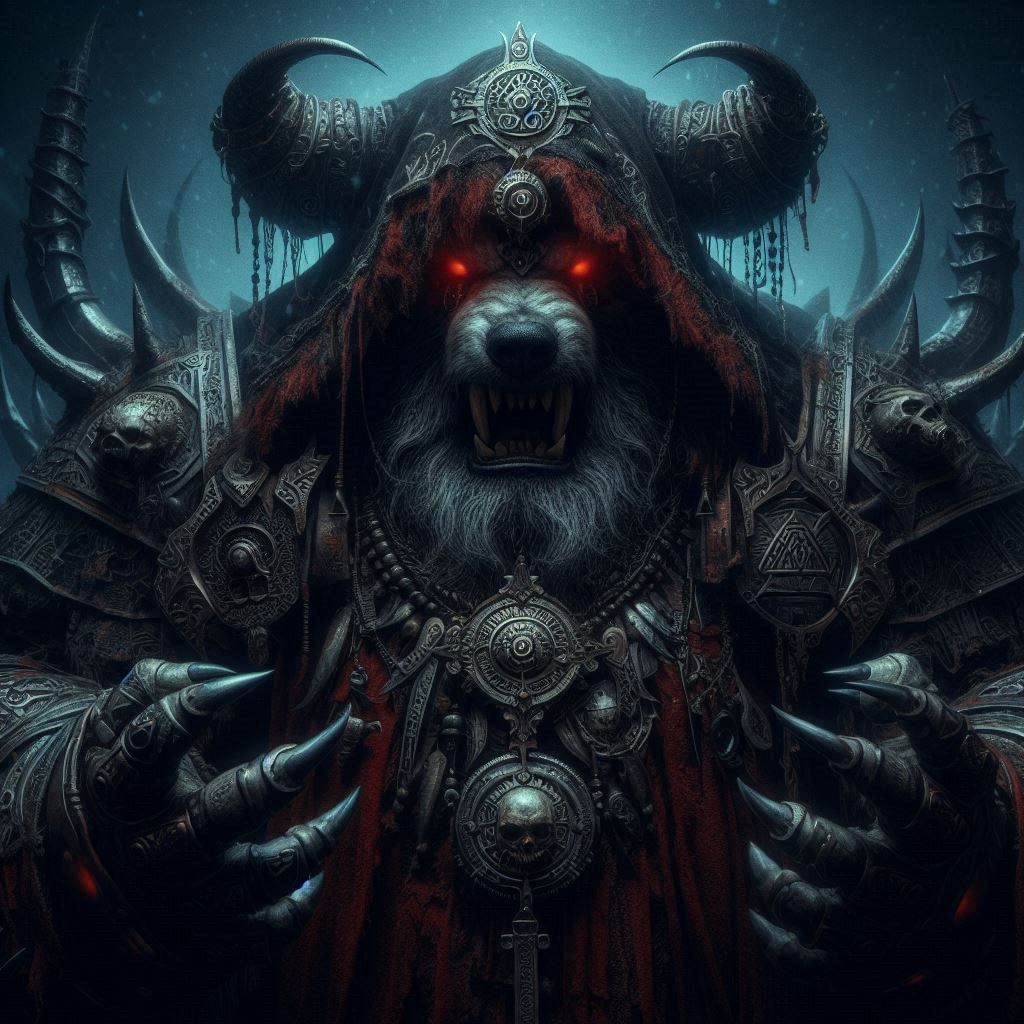 Photograph: Mythic Legions- "Ominous Obese Kodiak Bear-Summoner"; in elemental darkness;
