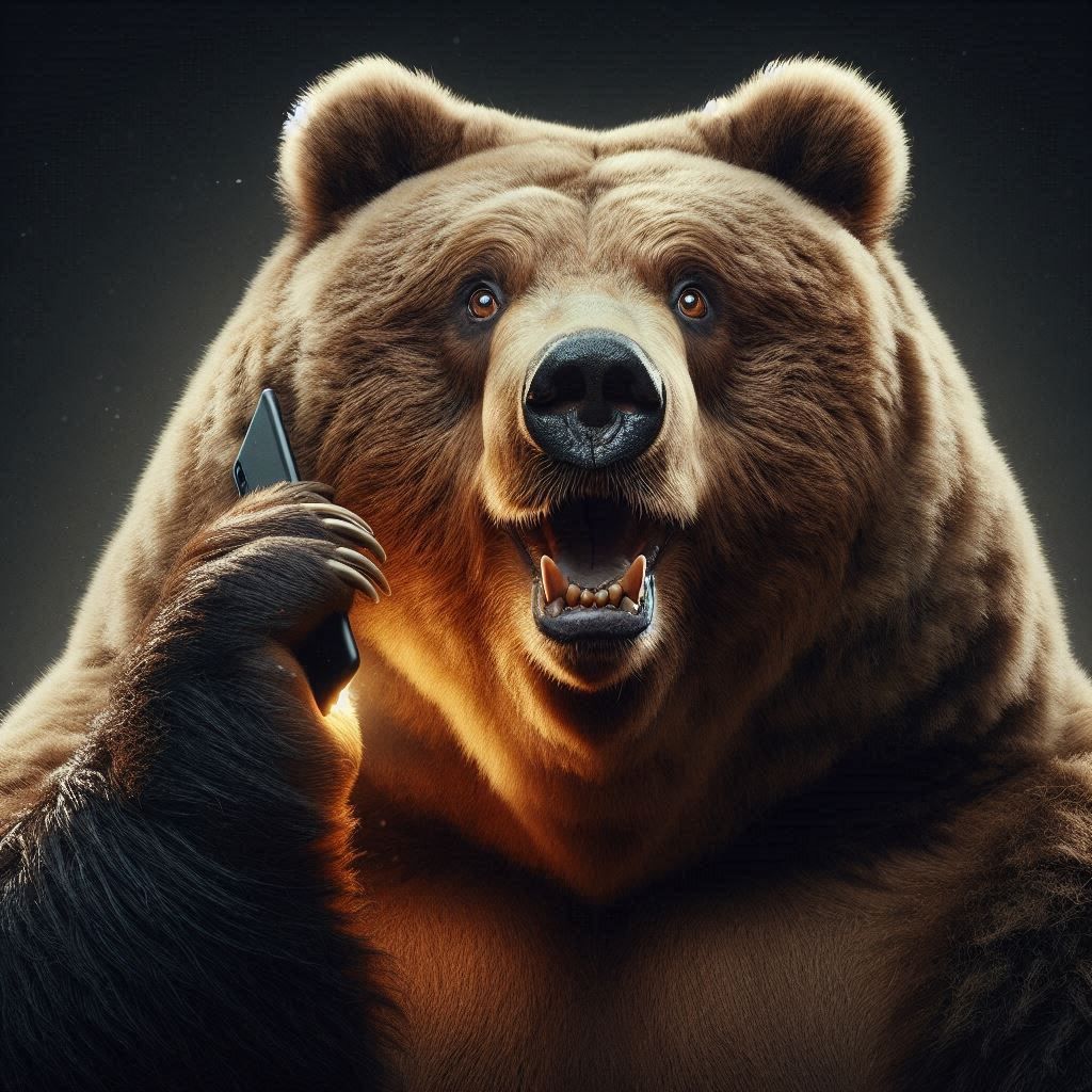 Photograph Portrait: Excited obese Kodiak Bear; talking on the phone; looking concerned at the viewer; rising from darkness;

