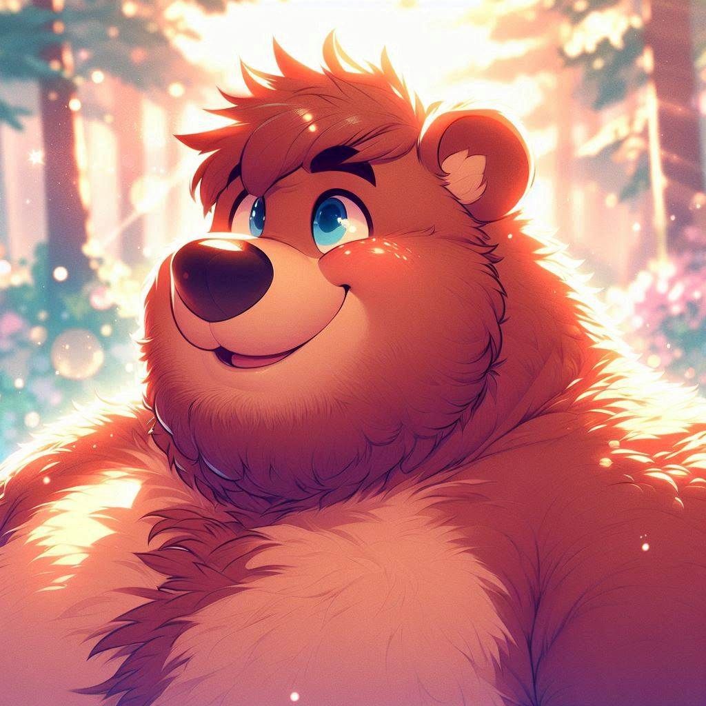 Concerned Male obese Bear with brown fur and sparkling blue eyes, fuzzy Bear, smiling in a beautiful sunlit forest; soft pastel colors and d...