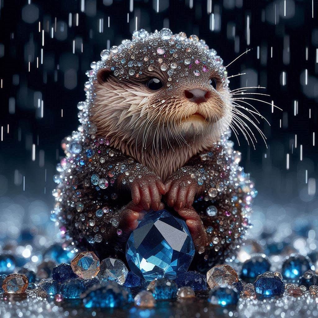 Microphotograph Portrait: tiny newborn obese baby Otter composed of Sparkling Sapphires and Diamonds; in raining midnight sapphire Moonlight...