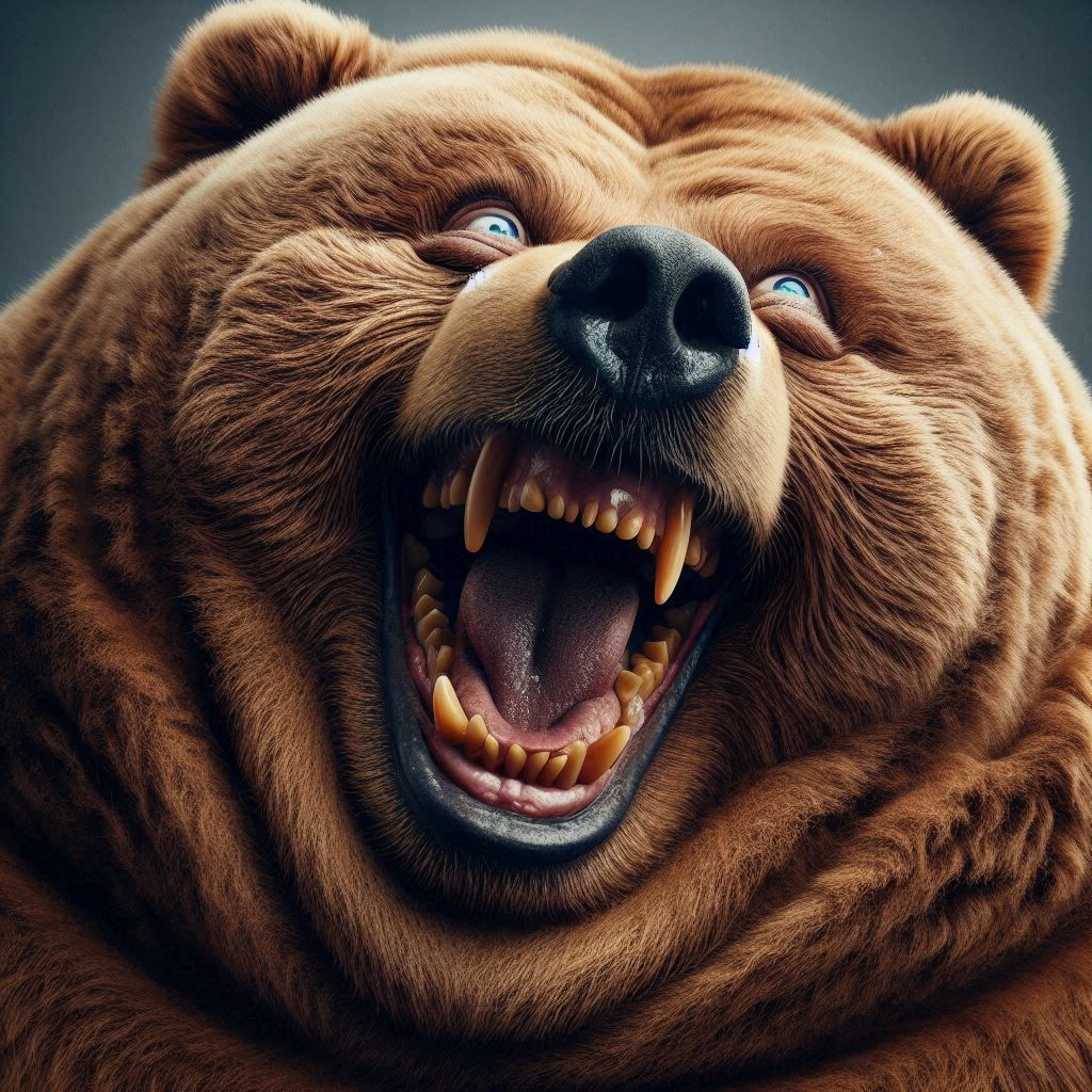 Close-up Photograph: obese Bear; laughing and straining face; rolling-eyes ecstatic expression; hunching with extreme laughter; Ridiculously...