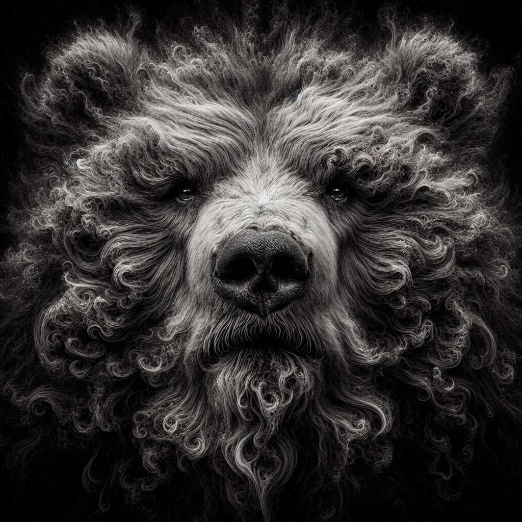 Microphotograph portrait: Obese Kodiak Bear; Gothic aura gazes directly at the viewer with a look of defiance and trauma; dark atmosphere ch...