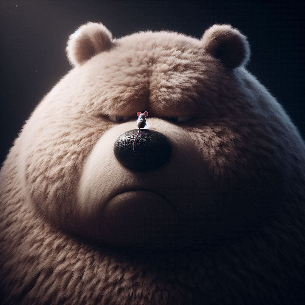 Close-up: obese Bear; looking at a tiny mouse on his nose, squinted eyes showing a strong sense of disgust, the corner of his mouth showing ...