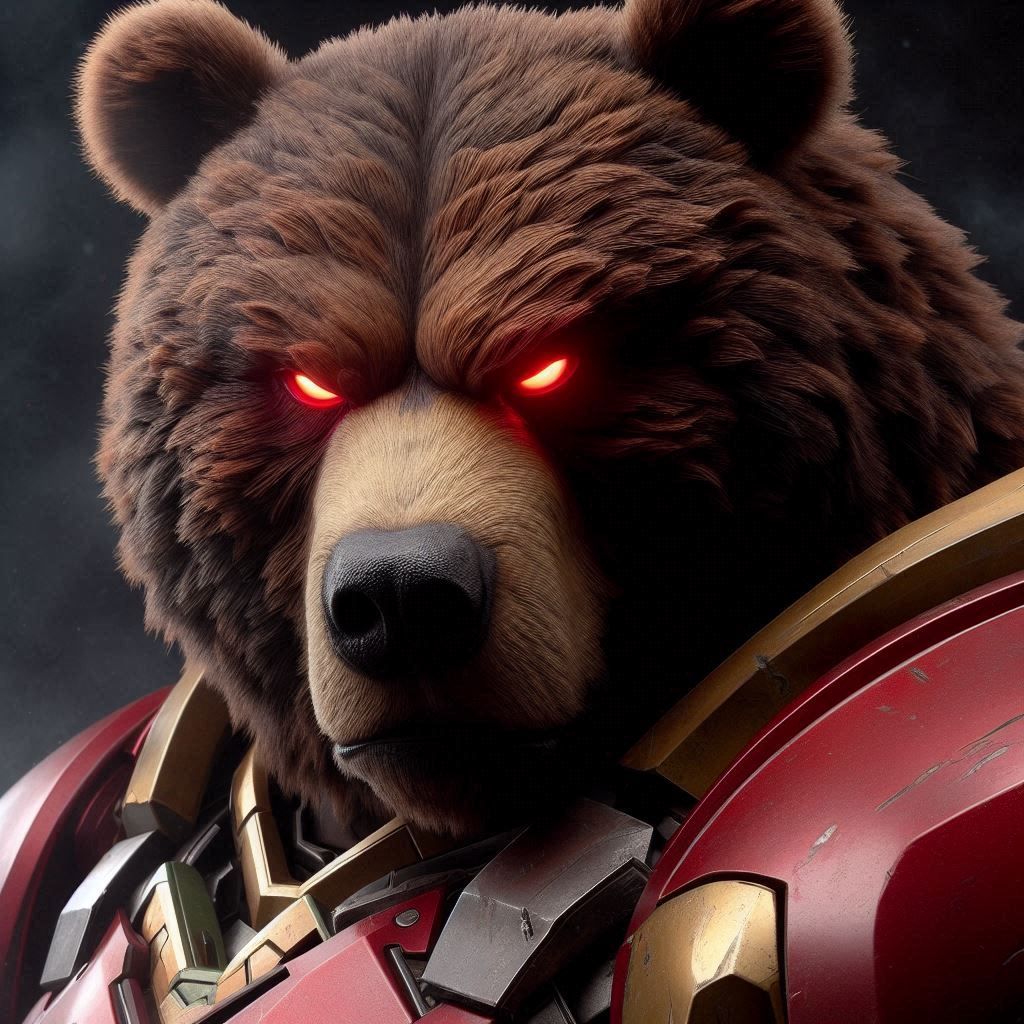 Photograph Portrait: Mythic Legions- "Marvel: Obese Bear-Iron-Man ": in explosive darkness;