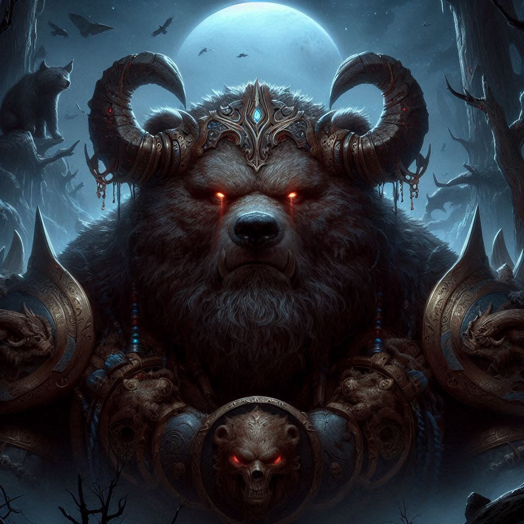 Photograph: Mythic Legions- "Sarcastic Obese Kodiak Bear Titan"; in elemental darkness;
