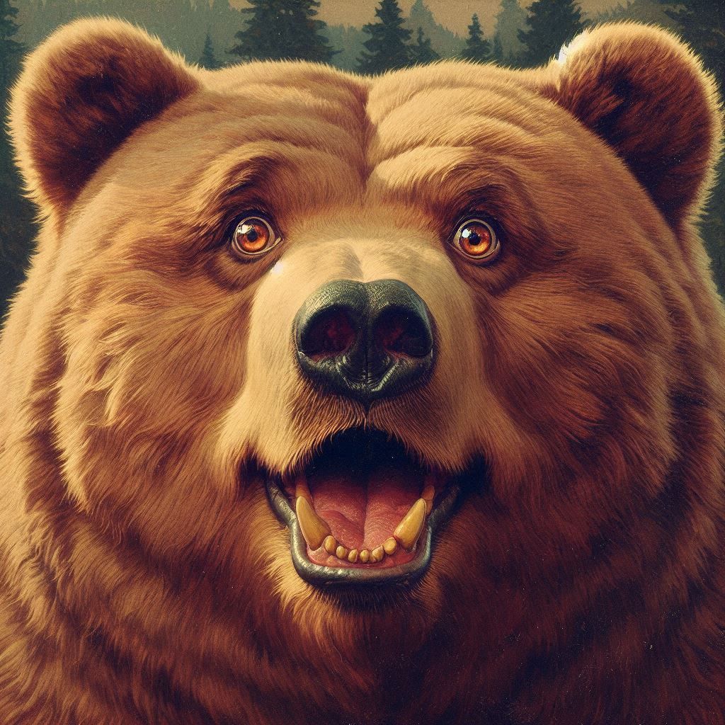 vintage Norman Rockwell style portrait: obese Kodiak Bear; looking at the viewer with excitement and anticipation;
