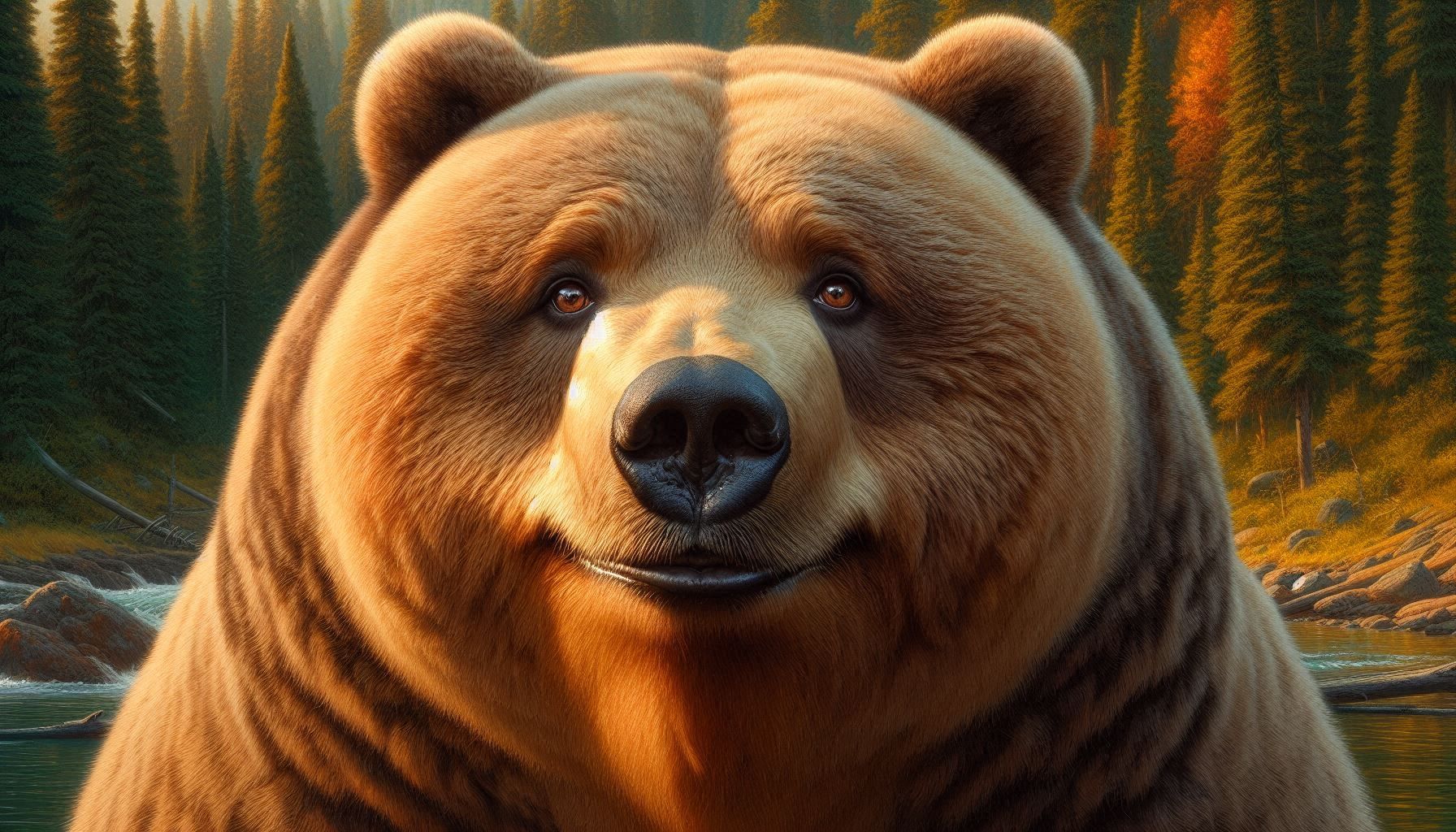 close-up portrait: obese Kodiak Bear-Park Ranger; looking at the viewer with pleased interest burning forest surroundings; Norman Rockwell a...