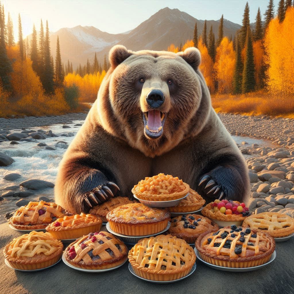 panoramicophotograph: Excited Surprised obese Kodiak Bear; enjoying a huge pile of assorted Pies; in Autumn afternoon sunlight;
