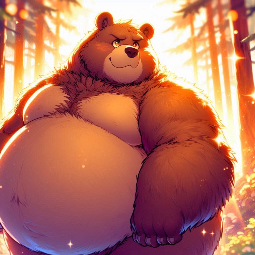 obese Bear with brown fur and sparkling eyes, fuzzy Bear, smiling in a beautiful sunlit forest; soft pastel colors and delicate lines; Gentl...