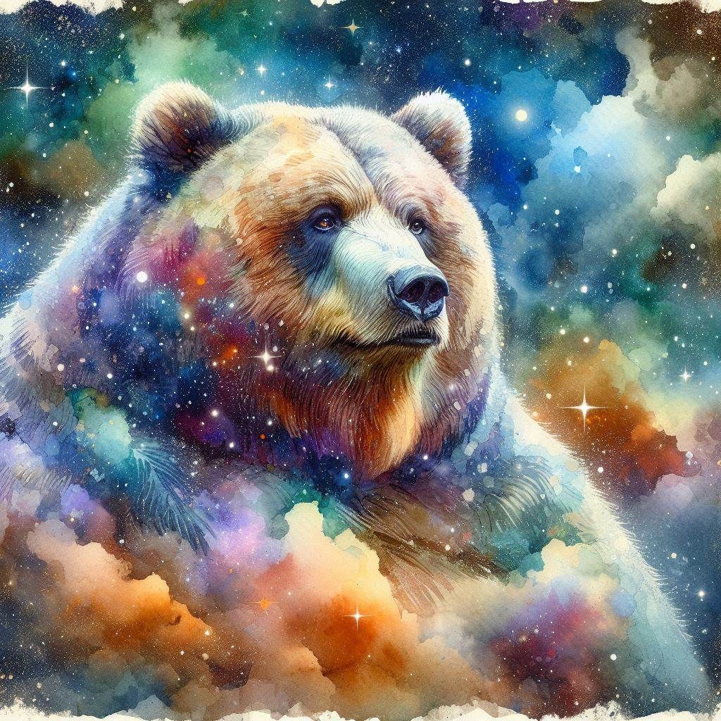 Watercolor-Portrait: Concerned obese Kodiak Bear; in cosmic majestic prismatic-clouded mountain twilight;