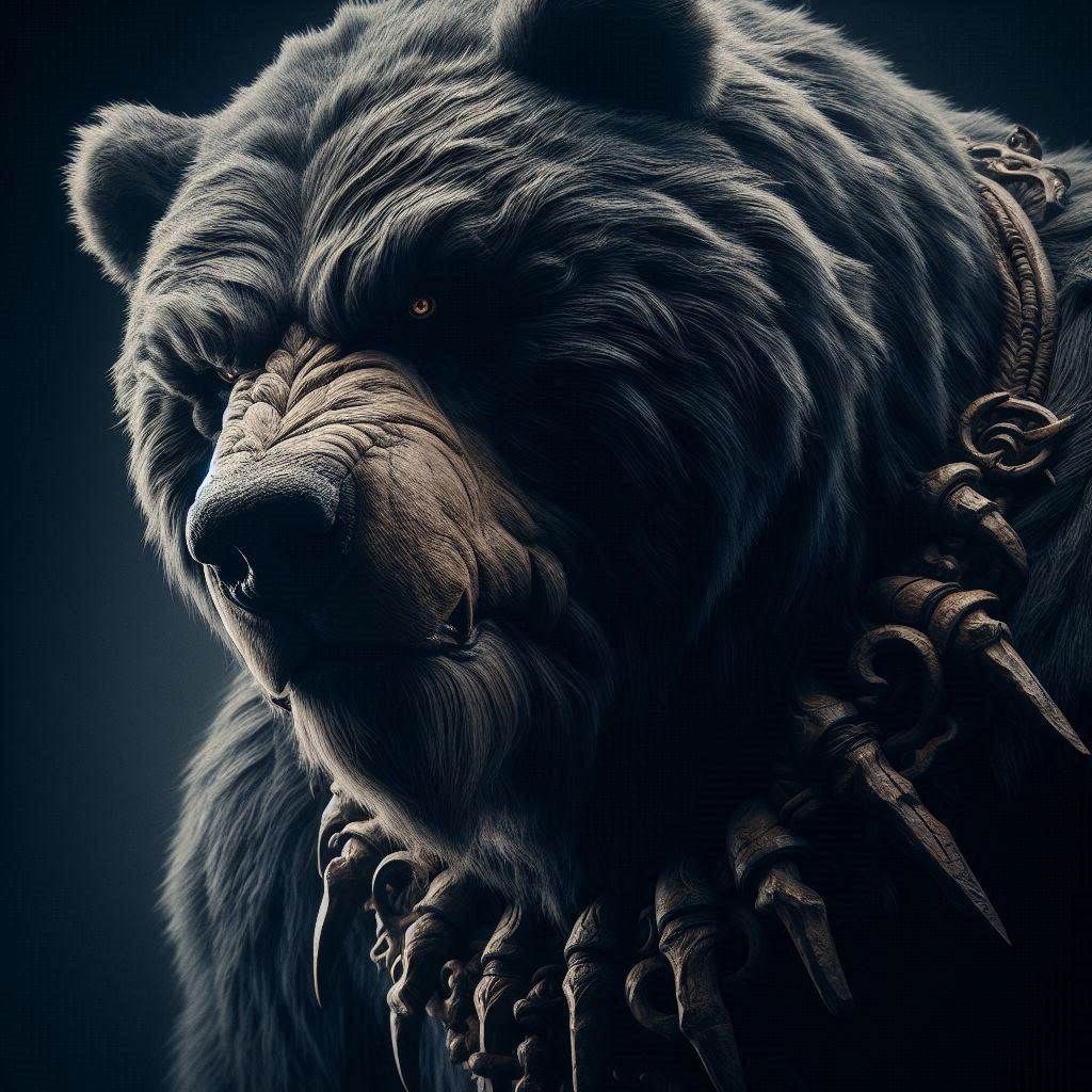 Close-up Photograph: Mythic Legions- "Ominous obese Kodiak Bear"; short-dark-fur; standing in elemental darkness;
