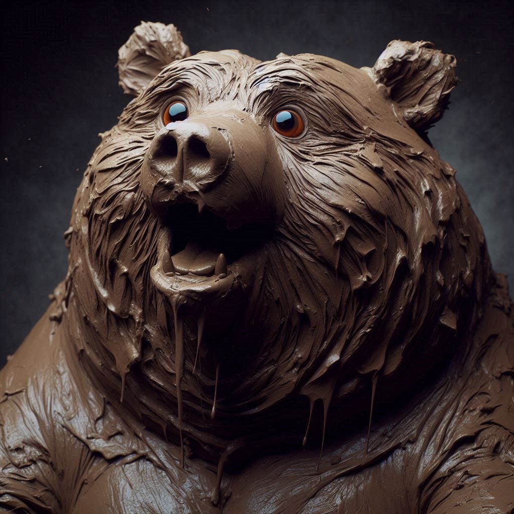 Close-up photograph: Obese Kodiak Bear; messy with clay; Bear is excited and surprised; smeared in sculpted clay; dark artistic surroundings...