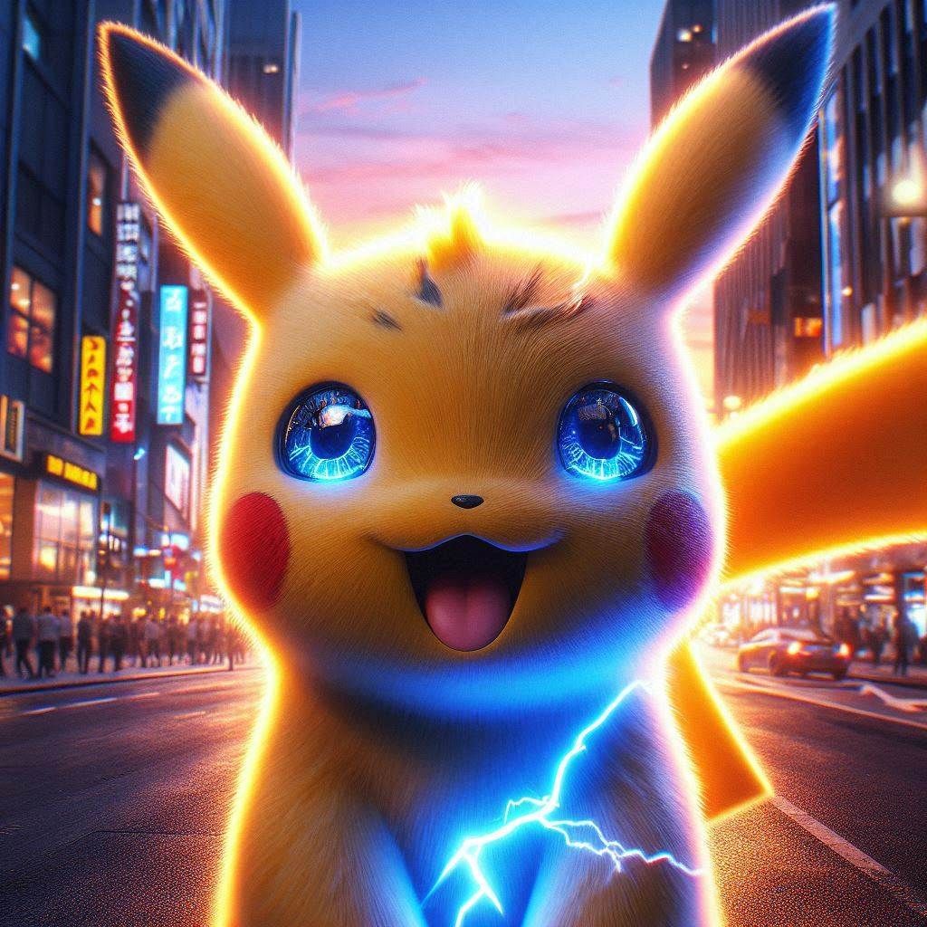 Pokémon: Lightning Pikachu; Looking At Viewer excited; Blue Multilayered Eyes; City Street, Sunset, Head And Shoulders Portrait, Highly Deta...
