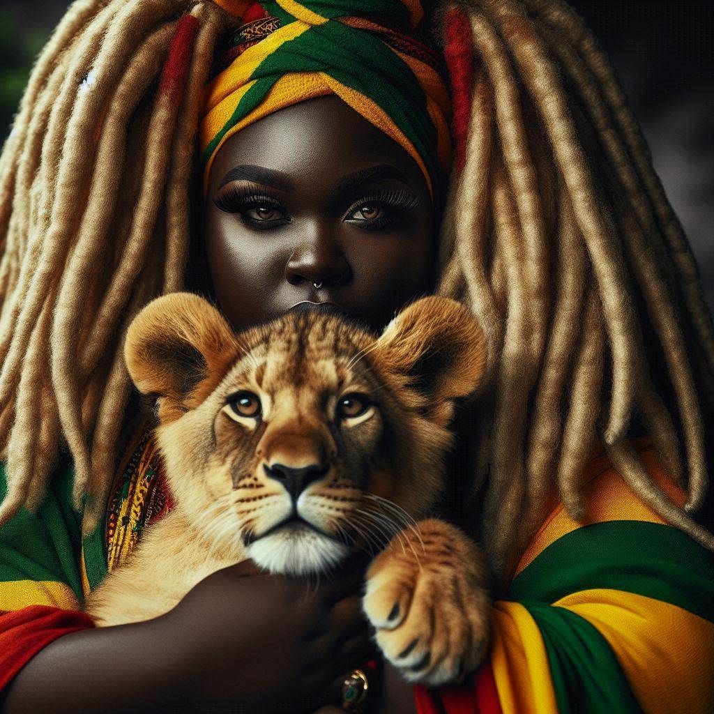 Photograph: holding a Lion Cub; the beautiful Jamaican Female; wearing Cross Colors (CxC) traditional attire; a massive Lion looking defiant...