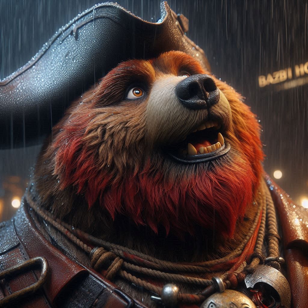 Hazbin Hotel: obese Kodiak Bear-Pirate; looking up; wearing Pirate attire; "The Bear-Red Beard" exudes excitement and happiness; his concern...