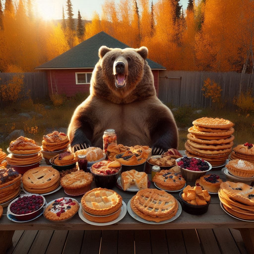 panoramicophotograph: Excited Surprised obese Kodiak Bear; enjoying a huge pile of assorted Pies; in Autumn afternoon sunlight;
