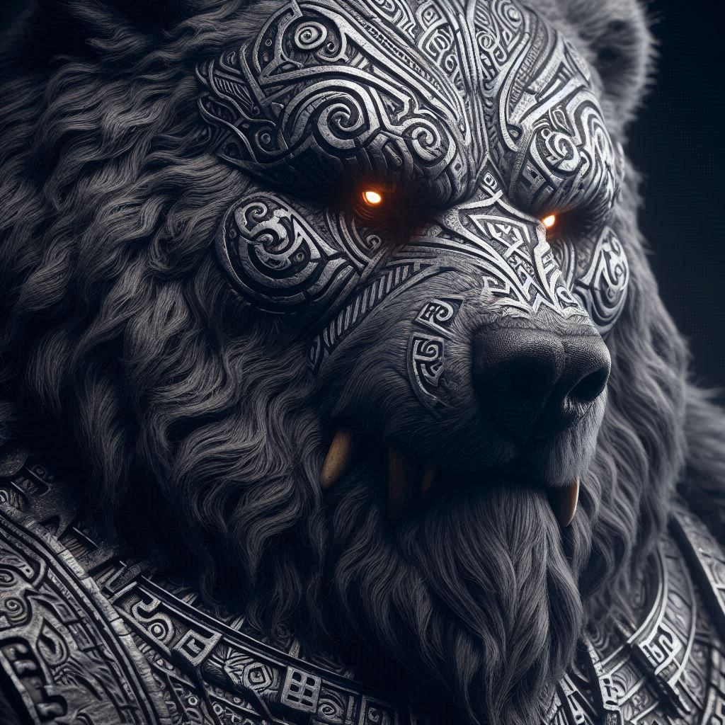 Close-up Photograph: Mythic Legions- "Ominous obese Kodiak Bear Barbarian"; silver fur inlayed with tribal-runes; standing in elemental dark...