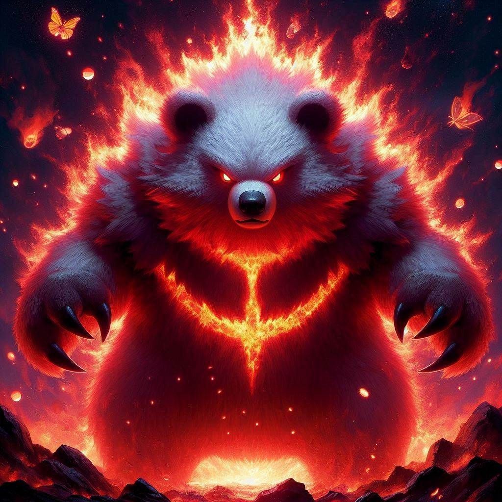 Photograph: Pokémon Index: Bloodmoon Ursaluna - "Obese Bloodmoon Grizzly Bear, Ursaluna's final evolution"; in elemental fiery darkness;
