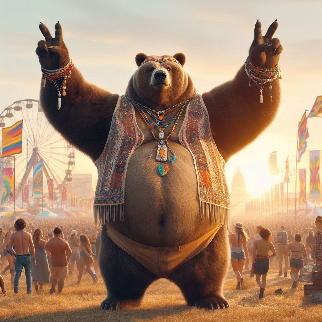 Panoramicrophotograph: Hippie-obese fuzzy Kodiak Bear; looking confident; power-stance; arms up; -Bear-style- this action shows a perfect st...