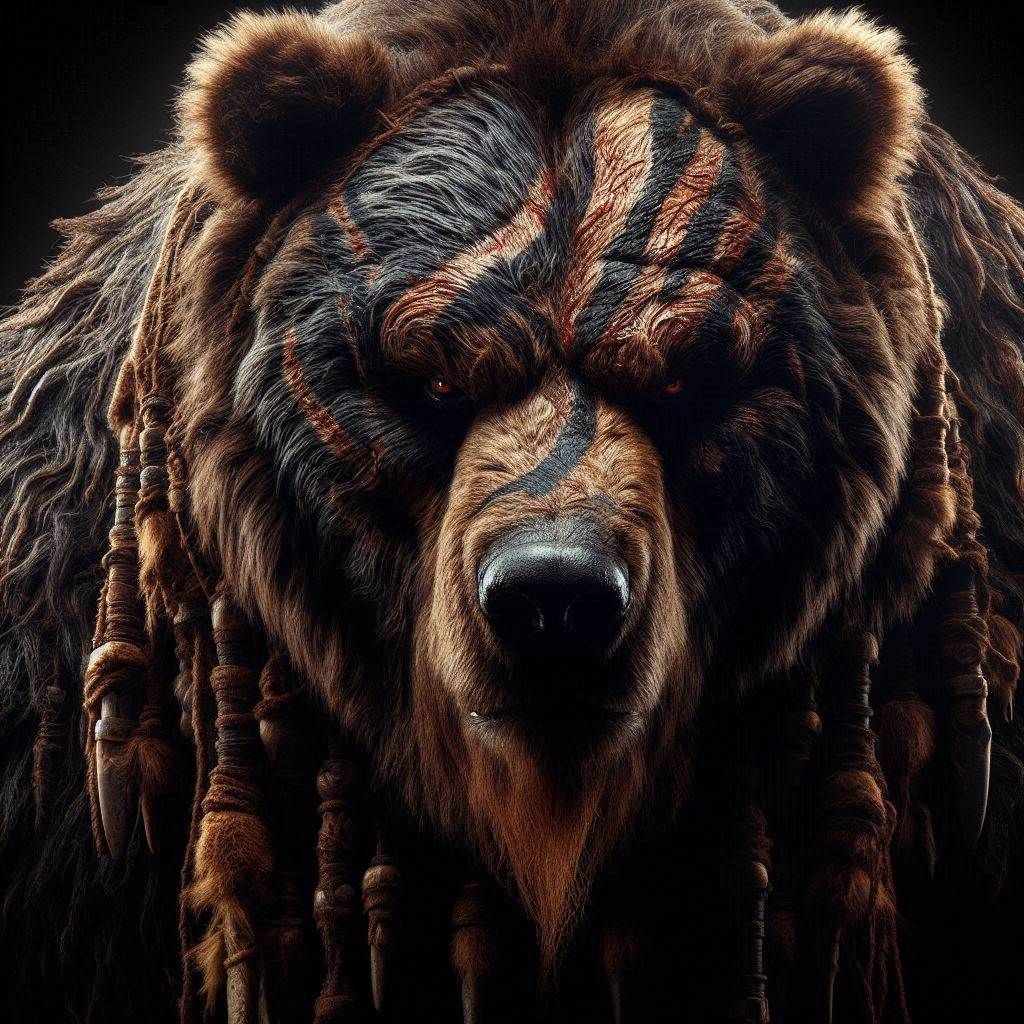 Close-up Photograph: Mythic Legions- "Ominous obese Kodiak Bear Barbarian"; in dark fur inlayed with tribal-scars; standing in elemental dar...