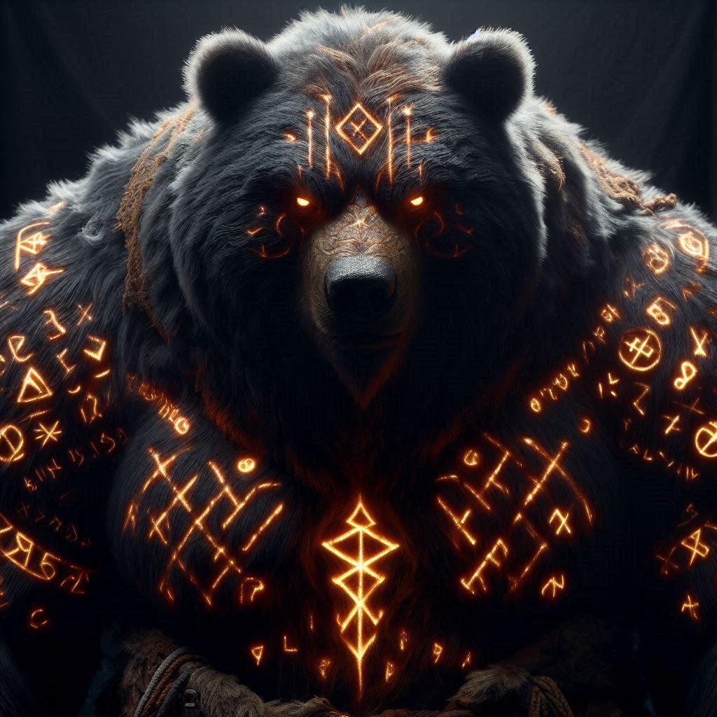 Close-up Photograph: Mythic Legions- "Ominous obese Kodiak Bear Runebear"; in dark fur inlayed with glowing runes; standing in elemental dar...