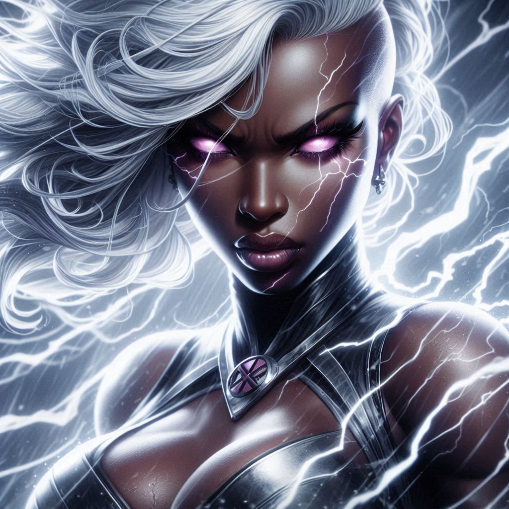 close-up X-Men by CAPCOM: Stunning color sketch; Storm:(Ororo Munroe); Dark-skin; white-hair; lightning; power stance; Dark fantasy romance ...