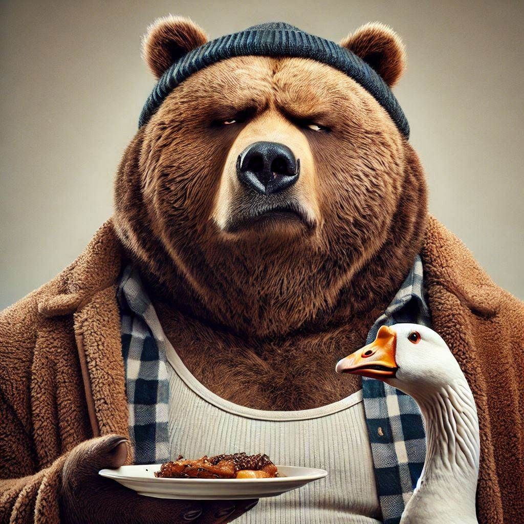 An obese Grizzly Bear; half-closed disgusted eyes with strong contempt; Holding a fat Goose; Exaggeration and comical sneer; accusing expres...